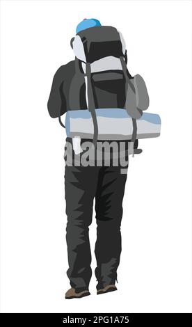 hiker with a big backpack on his back isolated on white background, vector illustration logo Stock Vector