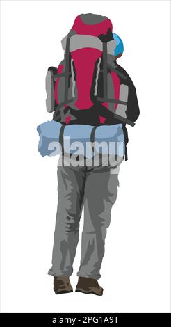 hiker with a big backpack on his back isolated on white background, vector illustration logo Stock Vector