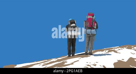 Two hikers with a big backpack on his back, vector illustration Stock Vector