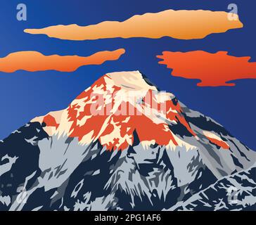 Evening mountain top of mount Dhaulagiri vector illustration logo, Nepal Himalaya mountains Stock Vector