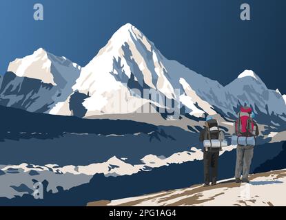 Khumbu glacier, Mount Pumori peak and two hikers on the way to Mt Everest base camp, vector illustration, Khumbu valley, Sagarmatha national park, Nep Stock Vector
