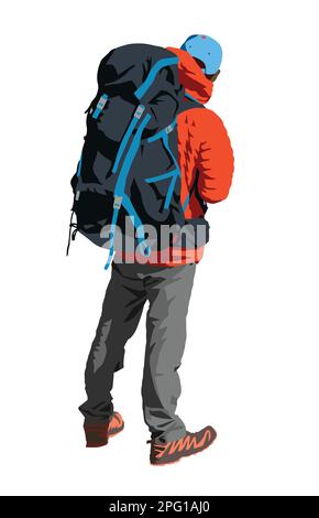 Two hikers with a big backpack on his back, vector illustration Stock Vector