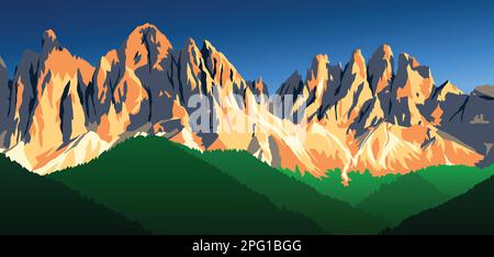evening panoramic view of Geislergruppe or Gruppo dele Odle, vector illustration, Alps Dolomites mountais, Italy Stock Vector