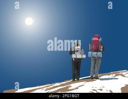 Two hikers with a big backpack on his back, vector illustration Stock Vector