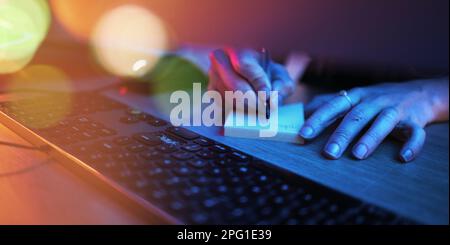 Writing, hacker and computer with hands of person for research, coding and programming at night. Neon, software and development with programmer at Stock Photo