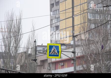 Pedestrian crossing in a residential area damaged by a blast near the explosion site in the city of Dnipro 2023 Stock Photo