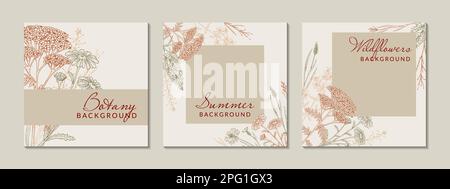 Meadow flowers social media square post template. Hand drawn field wildflowers border. Vector illustration in sketch style. Aesthetic botany design Stock Vector