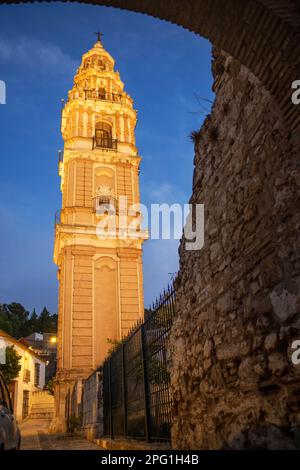 Night photo of Torre de la Victoria in Estepa old town in Seville province Andalusia South of Spain.   This large 40-meter-high tower was built betwee Stock Photo