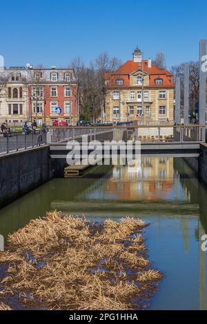 Canal and historic house in the center of Leipzig, Germany Stock Photo