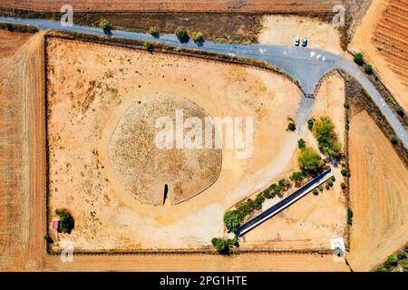 Aerial views of Dolmen de Soto de Trigueros, Corridor from entrance view, Trigueros, Huelva, Spain.  The Dolmen de Soto is a Neolithic subterranean st Stock Photo