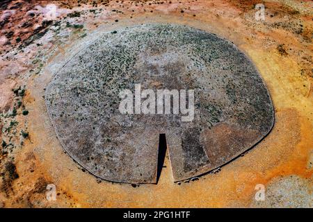 Aerial views of Dolmen de Soto de Trigueros, Corridor from entrance view, Trigueros, Huelva, Spain.  The Dolmen de Soto is a Neolithic subterranean st Stock Photo