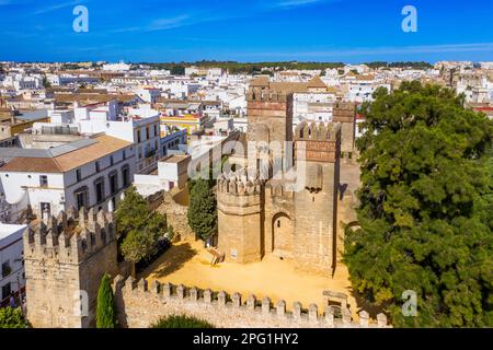 Aerial view of San Marcos Castle of San Marcos is a medieval Islamic Gothic structure located in El Puerto de Santa María, Cadiz Province, Spain.  Cas Stock Photo