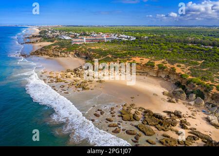 Aerial view of Calas de roche beach in Conil de la Frontera, Cadiz province, Costa de la luz, Andalusia, Spain.  Las Calas de Roche are a series of sm Stock Photo