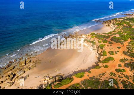 Aerial view of Calas de roche beach in Conil de la Frontera, Cadiz province, Costa de la luz, Andalusia, Spain. Cala El Frailecillo and Cala El Enebro Stock Photo