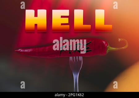 Hot chili peppers on fork. Extra spicy. Mexican food with pepper. Seasonings and spices. Hellish seasoning.. Stock Photo