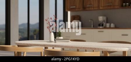 Empty space on dining table with decor in modern contemporary kitchen with modern kitchen appliances. 3d render, 3d illustration Stock Photo