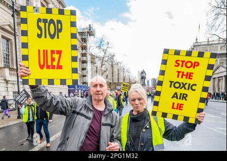 London, UK. 18th Mar, 2023. A Stop the ULEZ protest in Whitehall. Protesters were angered by the Mayor of London, Sadiq Khan's decision to extend the Ultra Low emission zone from the North and South circular roads to the M25. Credit: Guy Bell/Alamy Live News Stock Photo