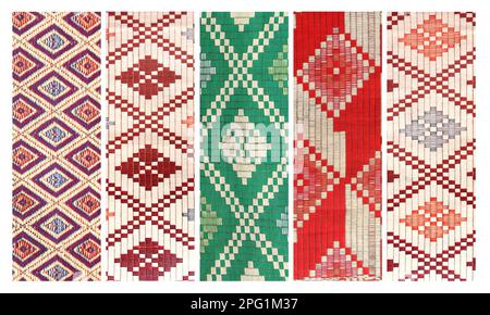 Set of vertical banners - sisal mat with traditional asian geometric patterns. Collection of jute handmade rug with ornament of red, green, blue, whit Stock Photo