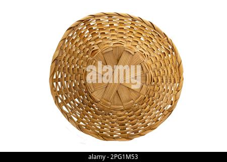 Woven straw country hat for beach, fields on white isolated background. Vacation, travel. View from above Stock Photo