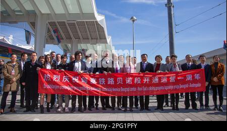 Novi Sad, Serbia. 19th Mar, 2023. Guests pose for a group photo in celebration of the first anniversary of the operation of the Belgrade-Novi Sad section of the Belgrade-Budapest Railway in Novi Sad, Serbia, on March 19, 2023. The Chinese-built Belgrade-Novi Sad high-speed railway marked its first anniversary on Sunday, having transported nearly 3 million people between Serbia's two largest cities since operation last year. Credit: Wang Wei/Xinhua/Alamy Live News Stock Photo