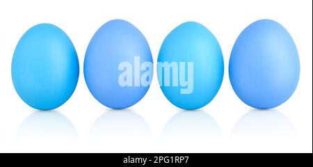 Four Easter eggs painted blue color. Monochrome minimalist isolated eggs with reflection. Banner Stock Photo