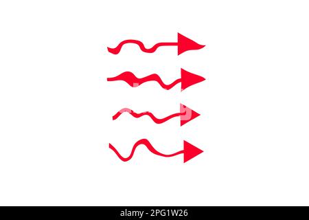 Red curved arrows are arranged in a row on a white background Stock Photo