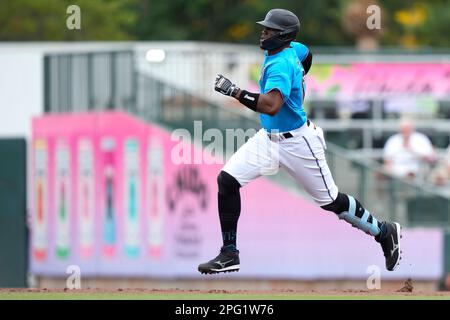 Miami Marlins' Jorge Soler bats during the third inning in the first  baseball game of a doubleheader against the Cleveland Guardians, Saturday,  April 22, 2023, in Cleveland. (AP Photo/Nick Cammett Stock Photo 