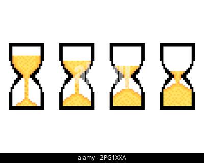 Pixel hourglass icon set isolated on white background. 8 bit sandglass timer in 2d retro style. Hourglass in pixel art style. Design of banners, marke Stock Vector