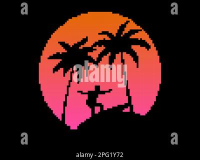 Surfer at sunset with palm trees in pixel art style. Retro sunset with palm trees in 8 bit synthwave style. Pixel design for banners, posters and apps Stock Vector