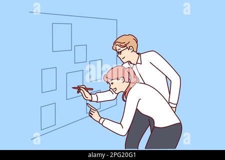 Man and woman are analyzing documents hanging on wall in office together to draw up new startup marketing strategy. Startup employees are working on creating plan to grow business or open branch  Stock Vector