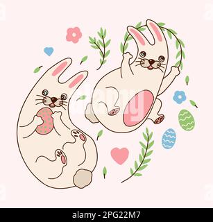 kawaii childish cute bunny sticker. Rabbits with Easter eggs, twigs and flowers. Funny rabbit poster. Easter decor Stock Vector