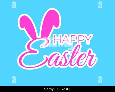 Happy Easter banner with text and bunny ears. Text and bunny ears with a white stroke on a blue background. Design for greeting card, banner and poste Stock Vector