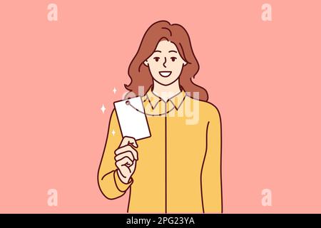 Successful woman demonstrates badge or ID card hanging around neck and giving access to restricted office space. Girl office worker with corporate designed to identify corporation employees  Stock Vector