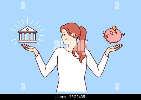 Woman chooses between bank deposit and saving money in piggy bank while planning budget. Financially literate girl makes difficult decision choosing place to save money or invest capital  Stock Vector