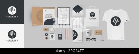 Black corporate identity style with tree logo and paperboard background. Premium craft stationery design with modern branding folder, business cards Stock Vector