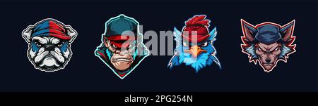 Cartoon animal head, red and blue sport logo collection with white outlined. Angry face of bulldog, gorilla, cardinal and wolf characters. Sport team Stock Vector