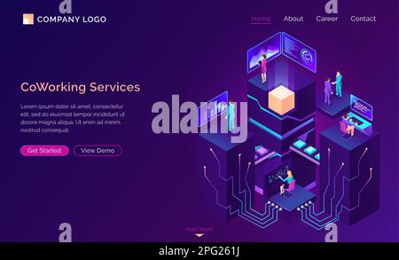 Coworking service isometric concept vector. Modern coworking office with workspaces and employee, large server with connections and conveyor belt with data. Information processing and analysis Stock Vector