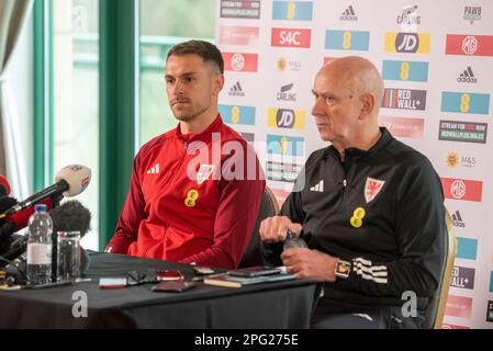 Cardiff, Wales, UK. 20th Mar, 2023. Wales Press Conference, Aaron Ramsey, Vale Hotel, Cardiff, 20/3/23: Aaron Ramsey takes questions from the media about the Wales captaincy. Pic by Credit: Andrew Dowling/Alamy Live News Credit: Andrew Dowling/Alamy Live News Stock Photo