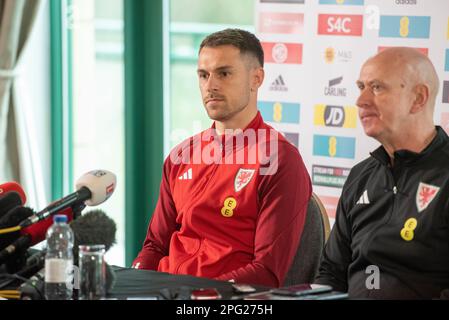 Cardiff, Wales, UK. 20th Mar, 2023. Wales Press Conference, Aaron Ramsey, Vale Hotel, Cardiff, 20/3/23: Aaron Ramsey takes questions from the media about the Wales captaincy. Pic by Credit: Andrew Dowling/Alamy Live News Credit: Andrew Dowling/Alamy Live News Stock Photo