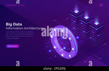 Big data, information architecture isometric technology concept vector. Information flow through luminous circle, data traffic analysis, server room with neon blue connections, purple landing web page Stock Vector