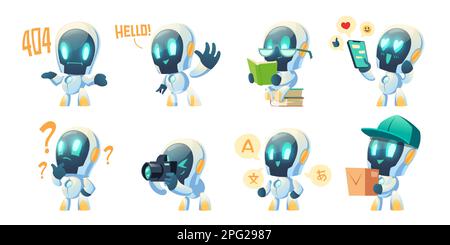 Cute chat bot cartoon vector set illustration. White funny smart conversation robot, assistant make hand gesture waving hello, 404 error message and thinking with question mark, translator Stock Vector