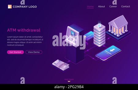 ATM withdrawal isometric concept vector banner. Banking technology, financial apps, cache machine and smartphone, credit card and euro cash money, bank building with connection lines on ultraviolet Stock Vector