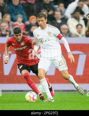 Leverkusen, Deutschland. 20th Mar, 2023. left to right Piero HINCAPIE (LEV), Thomas MUELLER (Muller, M) action, duels, soccer 1st Bundesliga, 25th matchday, Bayer 04 Leverkusen (LEV) - FC Bayern Munich (M) 2: 1, on 03/19/2023 in Leverkusen/Germany. #DFL regulations prohibit any use of photographs as image sequences and/or quasi-video # Credit: dpa/Alamy Live News Stock Photo