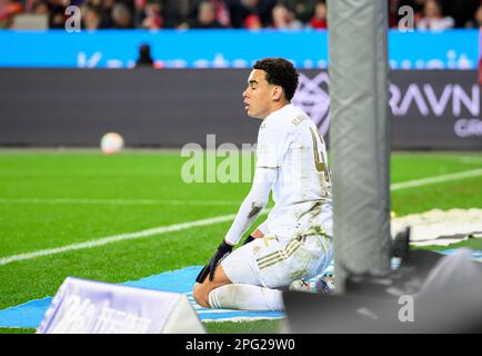 Leverkusen, Deutschland. 20th Mar, 2023. Jamal MUSIALA (M) disappointed after a missed goal chance, soccer 1st Bundesliga, 25th matchday, Bayer 04 Leverkusen (LEV) - FC Bayern Munich (M) 2: 1, on 03/19/2023 in Leverkusen/ Germany. #DFL regulations prohibit any use of photographs as image sequences and/or quasi-video # Credit: dpa/Alamy Live News Stock Photo