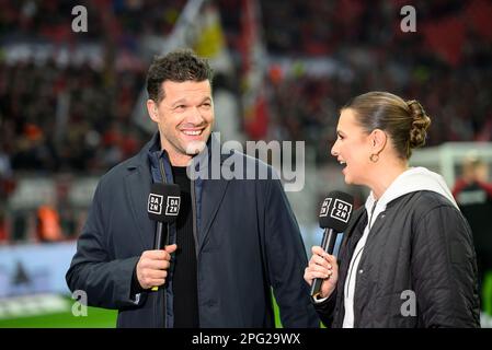 Leverkusen, Deutschland. 20th Mar, 2023. left to right Michael BALLACK (TV football expert), Laura WONTORRA (presenter) DAZN, TV; Television, Soccer 1st Bundesliga, 25th matchday, Bayer 04 Leverkusen (LEV) - FC Bayern Munich (M) 2: 1, on 03/19/2023 in Leverkusen/ Germany. #DFL regulations prohibit any use of photographs as image sequences and/or quasi-video # Credit: dpa/Alamy Live News Stock Photo