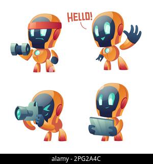 Cute chat bot cartoon vector set illustration. Yellow funny smart conversation robot, assistant make hand gesture waving hello, with tablet and foto camera, train with dumbbell isolated on white Stock Vector