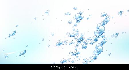 Abstract background with air bubbles on blue water surface, dynamic motion, transparent aqua, randomly moving underwater fizzing, drink or cosmetics advertising design Realistic 3d vector illustration Stock Vector