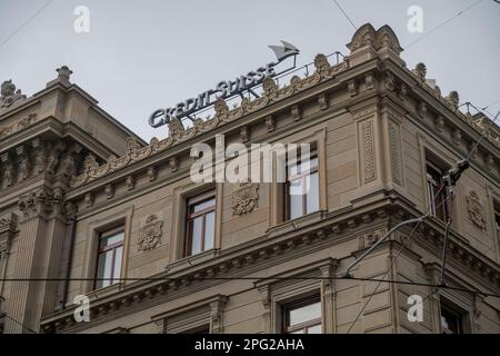 Credit Suisse Headquarters on Paradeplatz. Zurich is by far the biggest city in Switzerland, with a population near 1.83 million in the metropolitan area. It is also the finacial center in Switzerland. Stock Photo