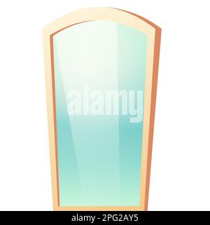 Vector mirror in beige plastic frame with reflective surface isolated on white background. Vector cartoon illustration of bath or dressing room furniture, glass mirror with rounded top Stock Vector