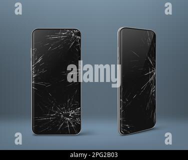 Mobile phone with broken screen set front and side view, smashed smartphone, shattered electronics device with black touchscreen covered with scratches and cracks, Realistic 3d vector illustration Stock Vector
